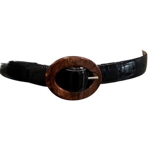 Black Leather Belt with Wooden Buckle WCM New York Vintage M